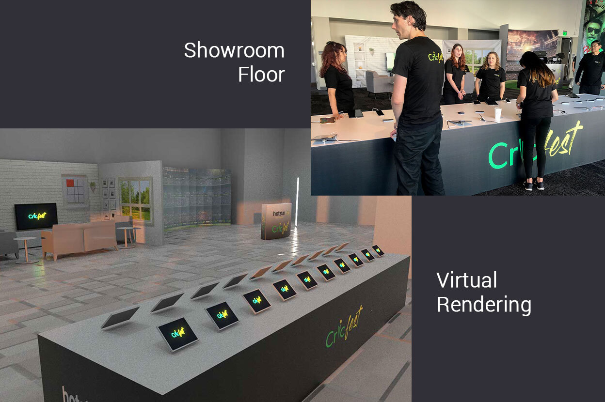3d render of the Cricfest demo booth - a long table with many tablets and a small living room with television and sofas alongside the real thing.