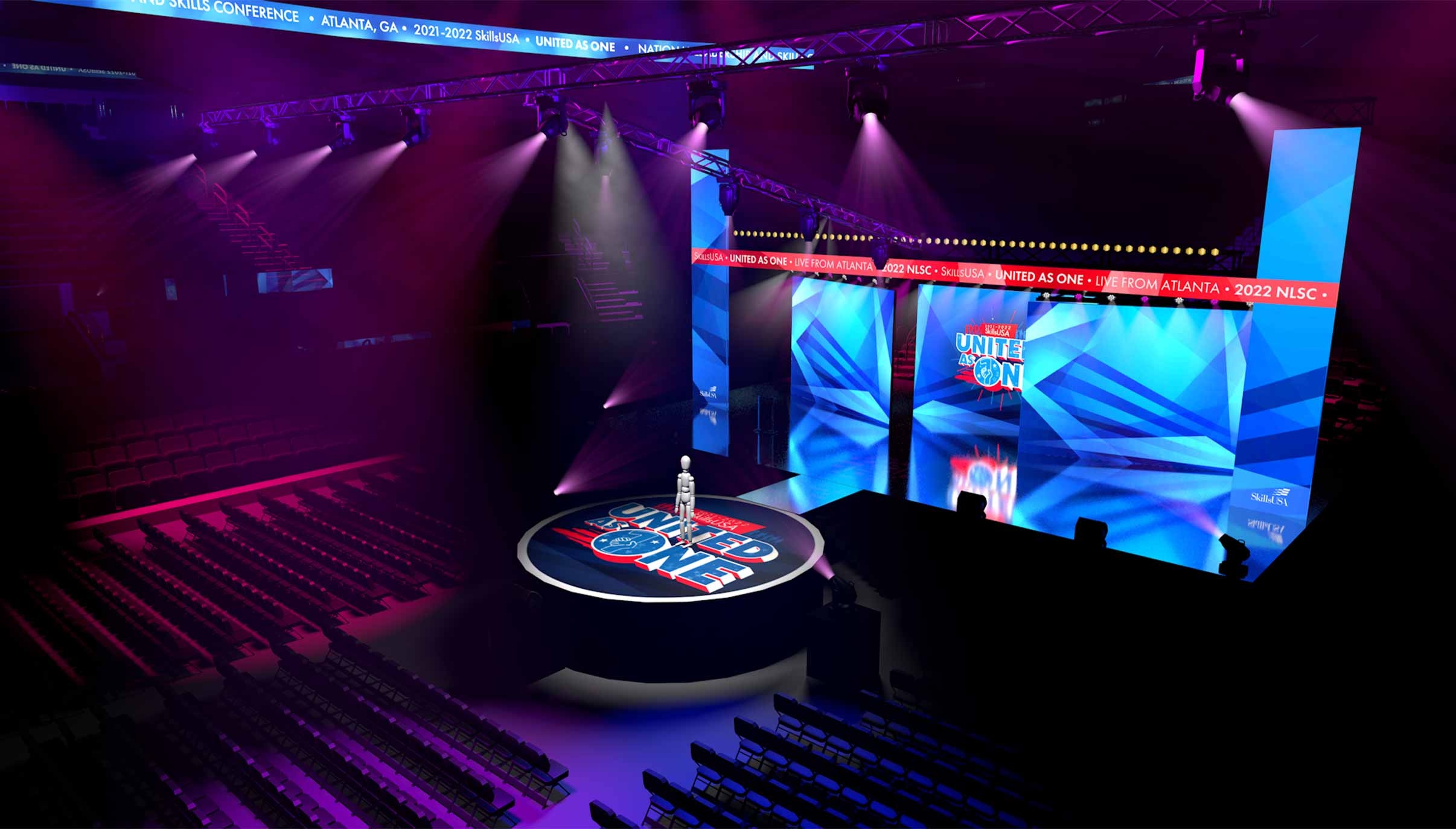 Digital render of the stage with blue and purple lighting