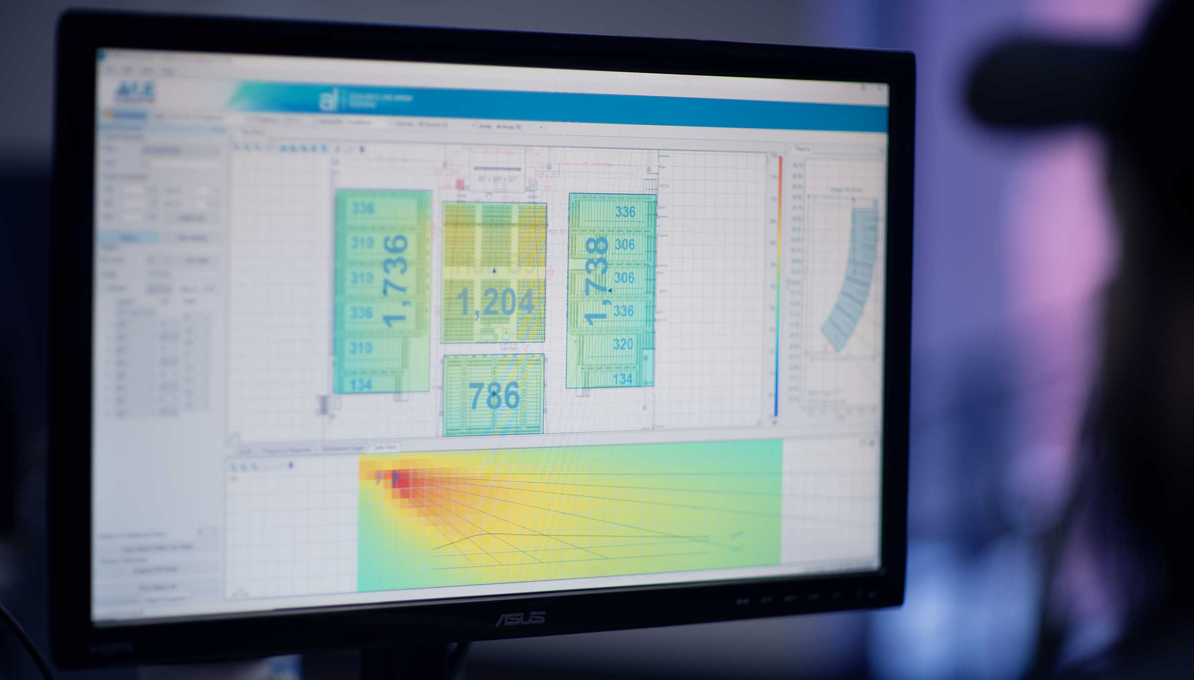 Computer display showing audio projection mapping of the auditorium.